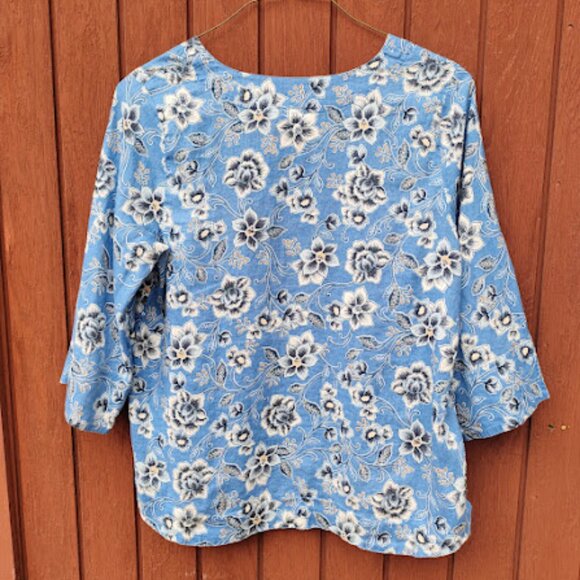 J. JILL | Love Linen Blue Floral 3/4 Sleeve Split Neck Tunic Blouse Coastal LT - Picture 3 of 14